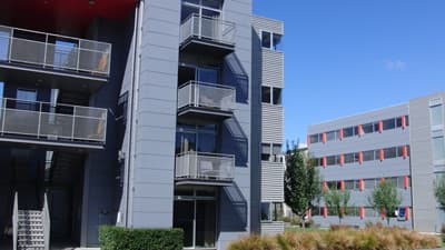 Studentenwohnheim der University of Canterbury Modernes Studentenwohnheim mit Palmen
