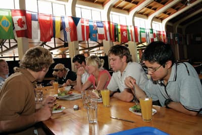 Verpflegung im Speisesaal einer Residential Hall Studenten essen an einem langen Tisch