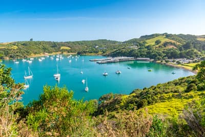 Die Küste von Waiheke Island in Auckland Eine Bucht mit Segelbooten in Auckland